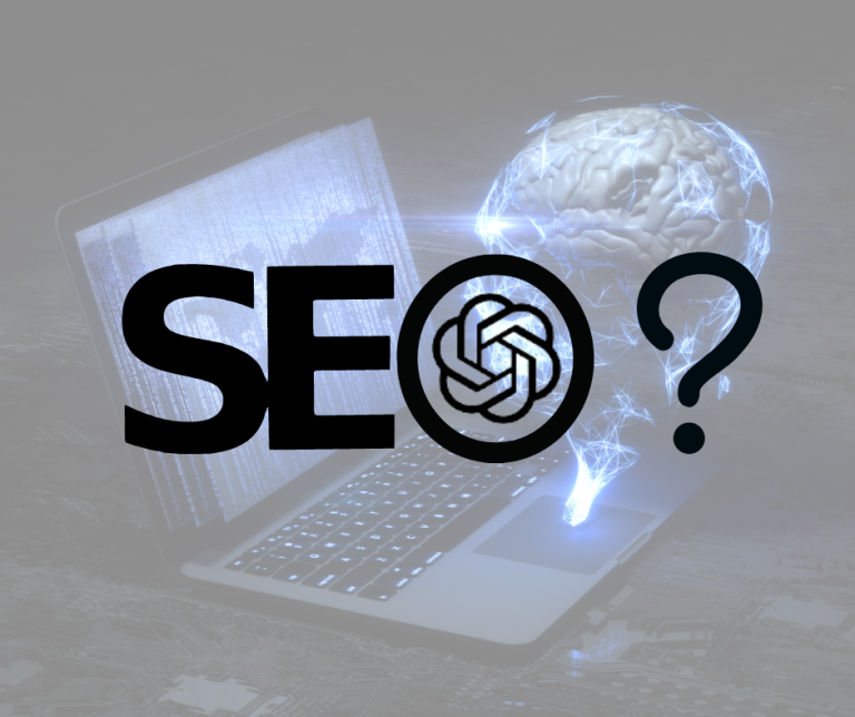 SEO avec le logo de Chat GPT dans le o et un point d'interrogation. Le tout sur une image de fond représentant une Intelligence artificielle avancé
