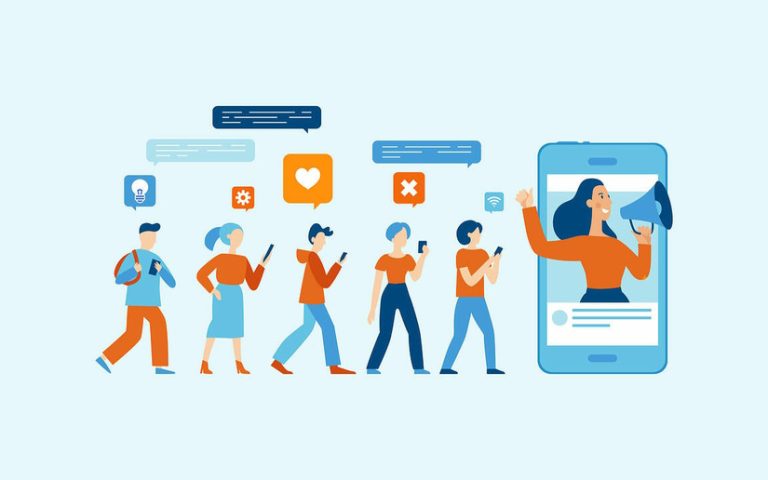 Une image de plusieurs personnes à la suite les unes des autres, tenant un téléphone à la main, où l'on retrouve de petites bulles de réactions face à une influenceuse sortant d'un téléphone cellulaire avec un mégaphone.