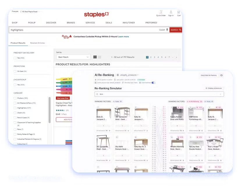 Outil Dynamic Re-Ranking de Algoila sur le site de Staples.ca dans la barre de recherche