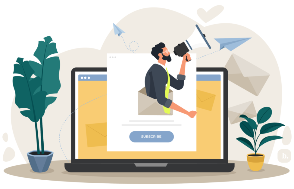 Dessin d'un ordinateur portable dans lequel on fait la promotion du email marketing