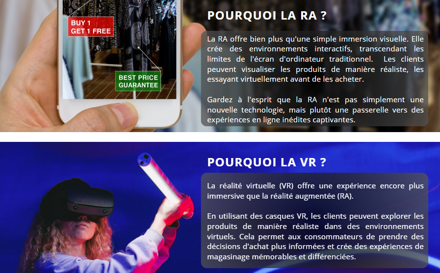 Image d'un télephone en RAavec un texte explicatif
et image d'une femme portant un casque VR et un texte explicatif.