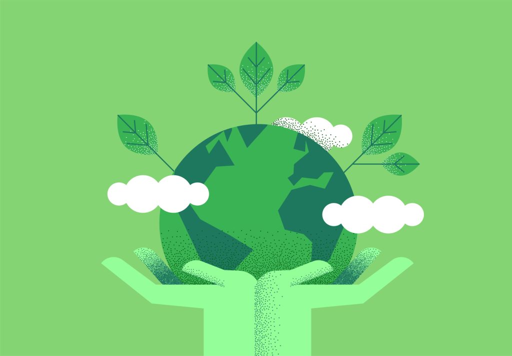 Image qui représente l'empreinte carbone : Image verte avec une planète verte tenue par deux mains vertes. Sur la planète, il y à 3 plantes et 3 nuages.