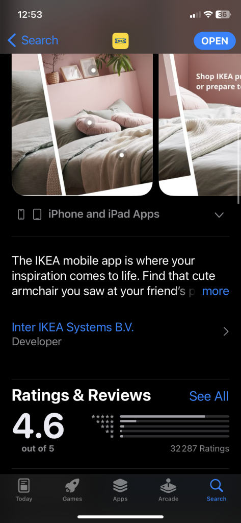 avis sur l'application IKEA sur l'app store