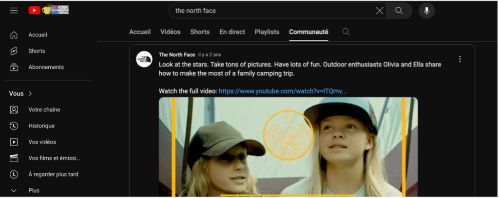 Message provenant de l’Onglet Communauté de la chaine Youtube de theNorthFace