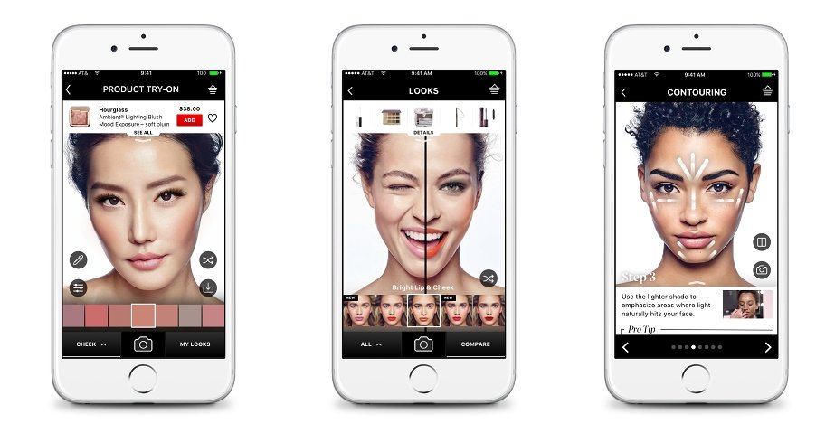 3 exemples de fonctions d'essai virtuelle sur l'application de réalité augmentée Virtual Artist de Sephora.