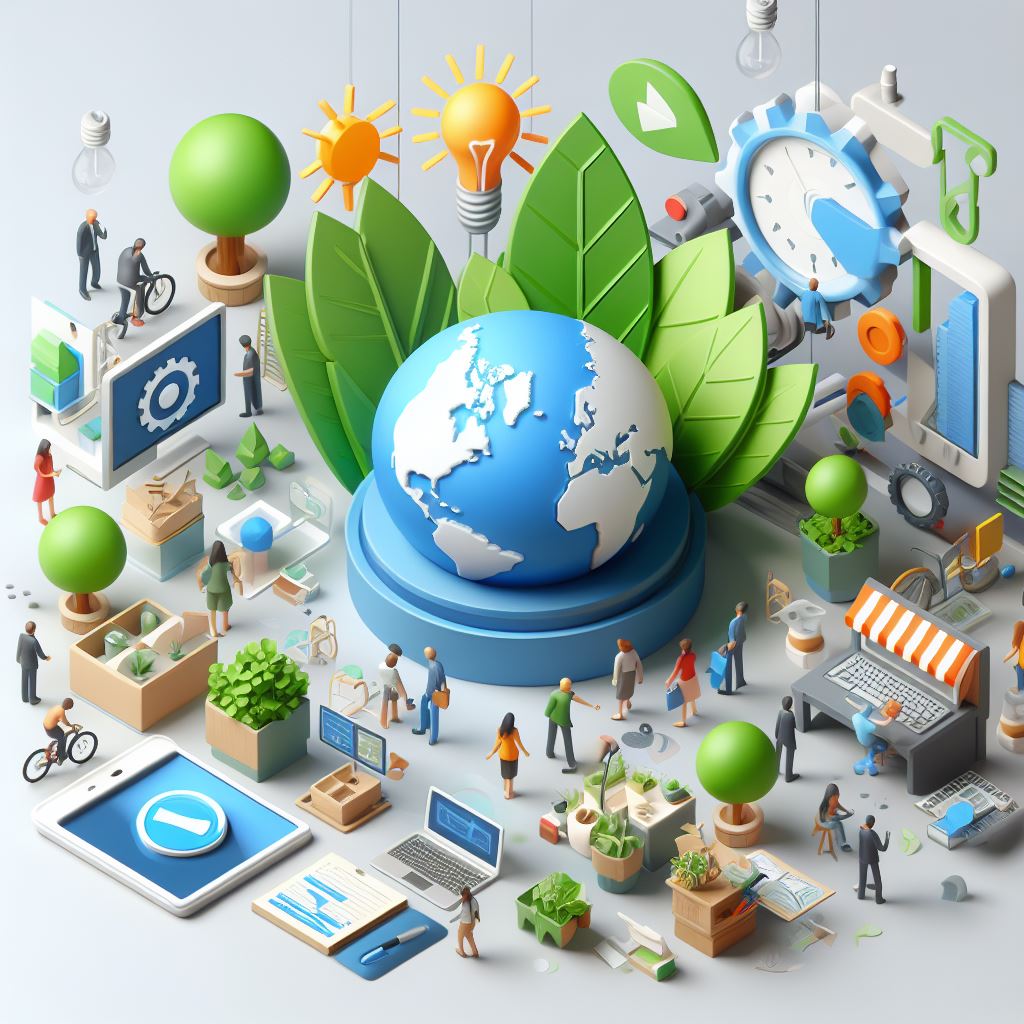 Illustration avec plusieurs pictogrammes reliés à des pratiques durables relié avec le marketing numérique durable