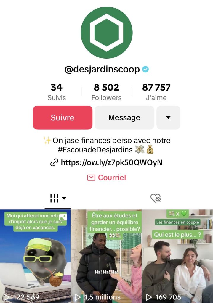 Page TikTok de l'entreprise québécoise de la Coopérative Desjardins @desjardinscoop