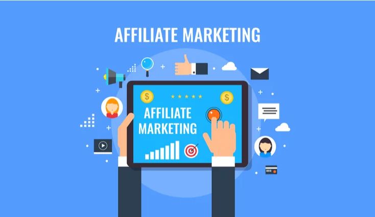 Tablette avec affiliate marketing écrit dessus. Autour offre des manières de le faire.