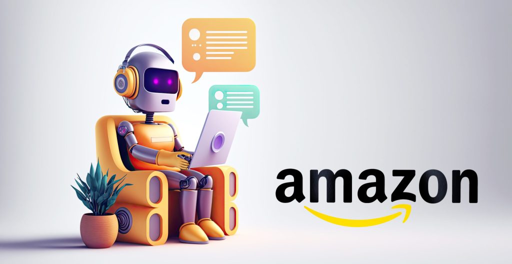 Robot sur une chaise en train d'utiliser un chatbot Amazon