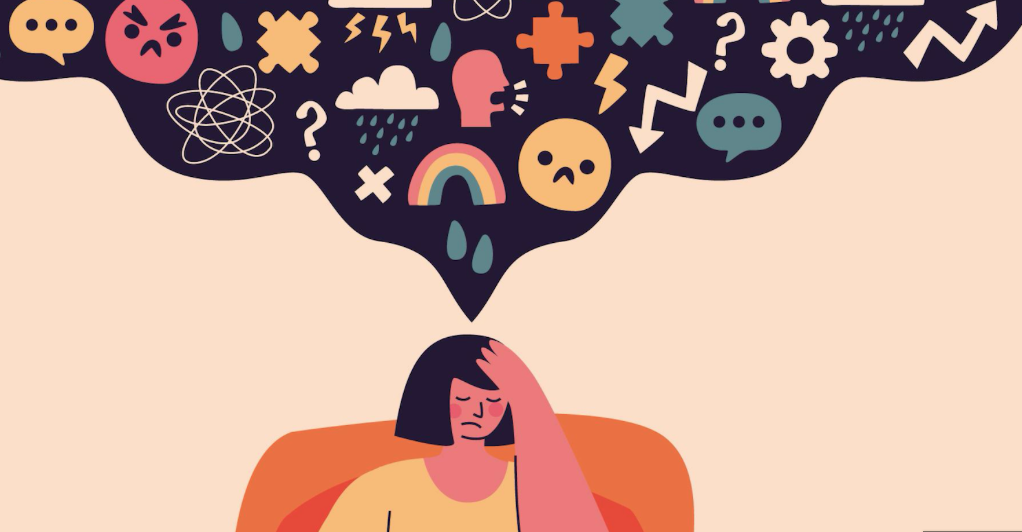 illustration dame qui pense a ses problèmes, émotions et troubles psychologique; scrolling addiction