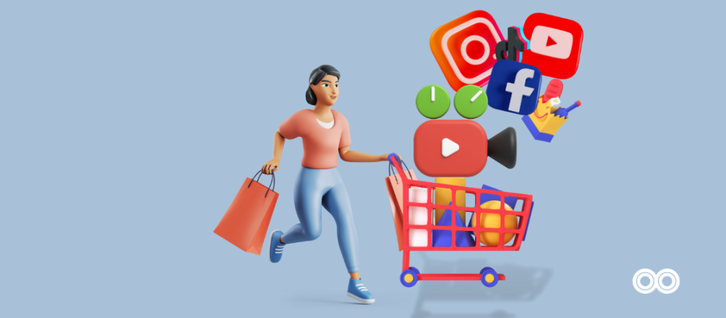 Un consommateur qui pousse un chariot de courses avec des icônes de médias sociaux.