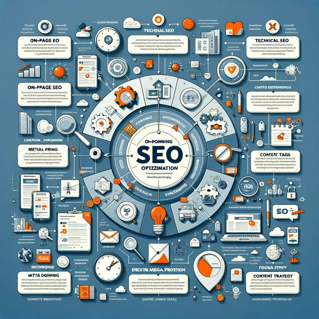 This infographic showcases the essentials of SEO optimization, highlighting on-page SEO, technical SEO, content strategy, and alt tags. It visually emphasizes the importance of strategic keyword placement and meta description optimization. Mobile-friendliness and page speed improvements are also featured as key factors for boosting a website's visibility and driving organic traffic. Through engaging icons and concise descriptions, it serves as a quick guide to enhancing SEO rankings in digital marketing.