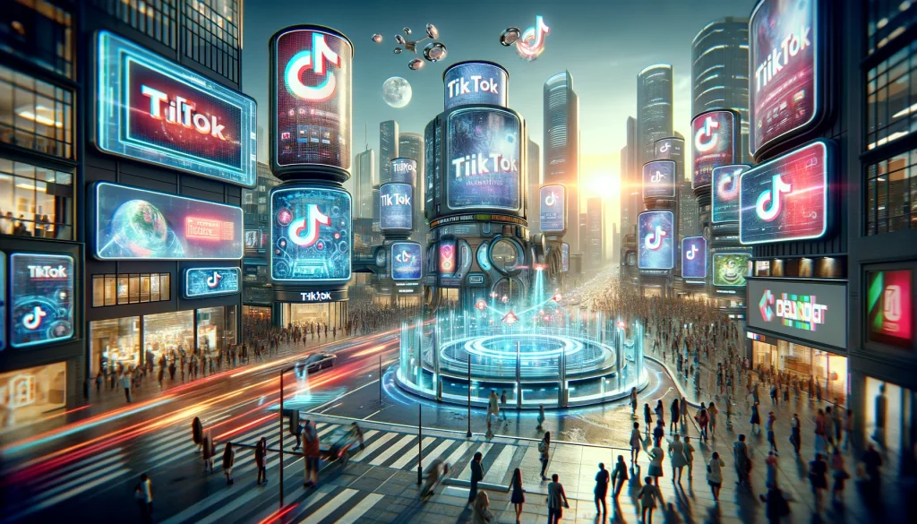 Background of futuristic digital marketing with TikTok integration in a cityscape
