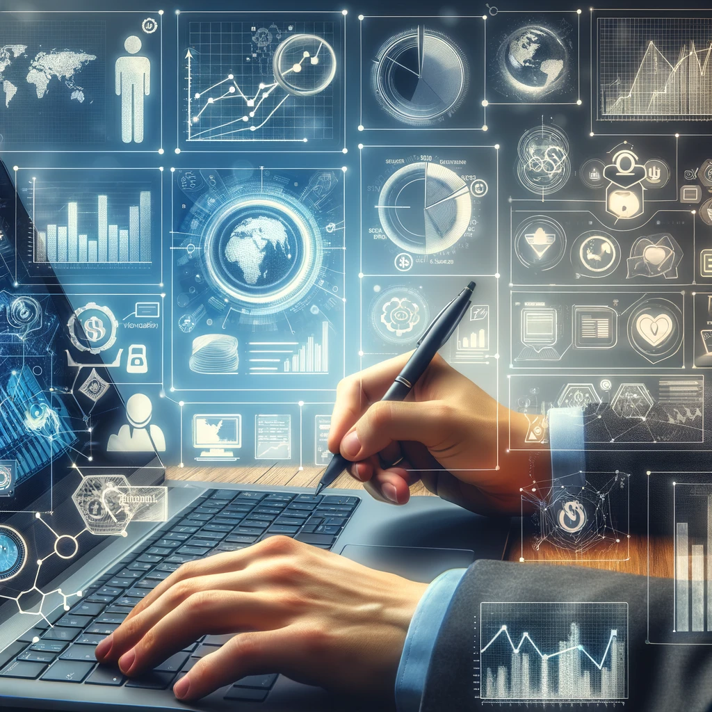 Une personne qui examine des informations sur un ordinateur, entourée de graphiques de tendances et d'icônes qui représentent les réseaux sociaux et l'analyse web.