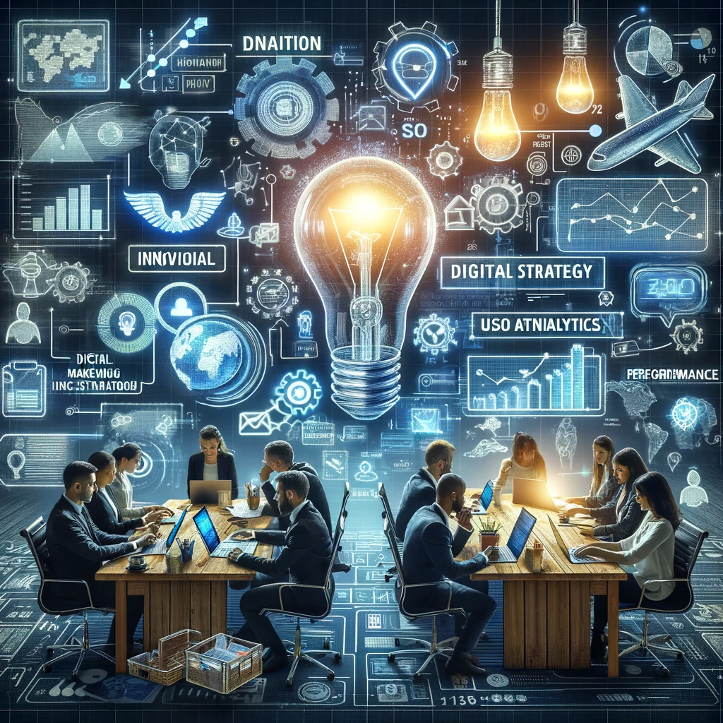 Equipes de marketing autour de deux tables, avec un tableau stratégique qui présente des analyses de données, des technologies de l'IA, des plateformes de médias sociaux,stratégies de SEO, de création de contenu captivant, de conception d'expérience utilisateur et d'analyse de performance.