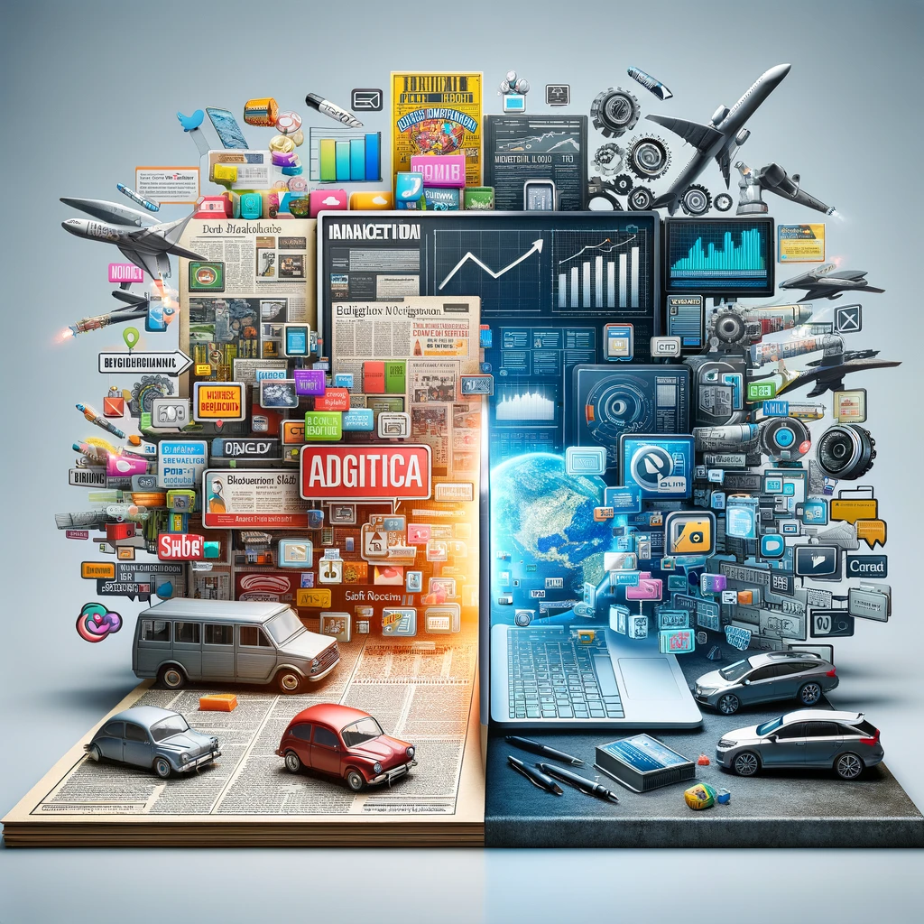 Digitalisation du marketing : évolution de la communication traditionnelle à la numérique. L'utilisation d'outils de marketing classiques tels que des les journaux et des panneaux d'affichage, tandis que de l'autre côté, l'utilisation d'éléments de marketing numérique tels qu'un écran personnel.
