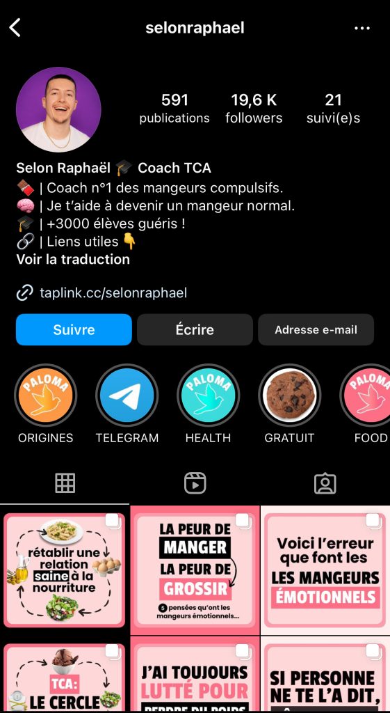 page Instagram SelonRapahel, coach pour les personnes qui ont des TCA