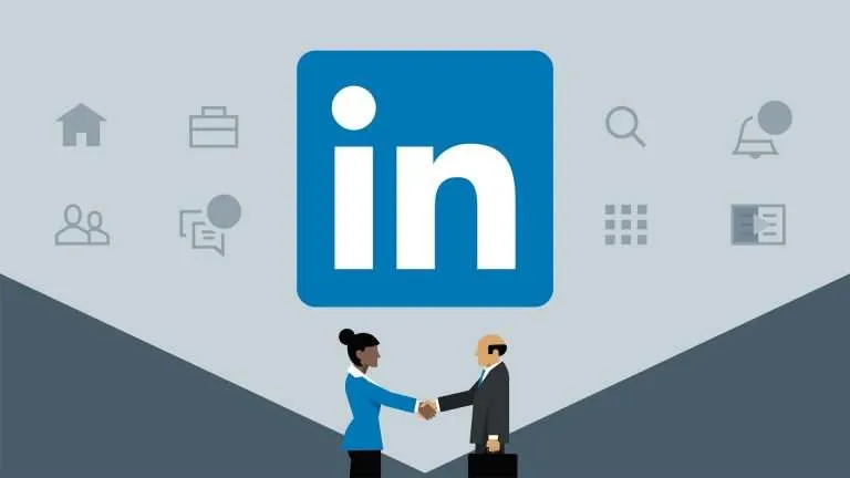 Graphique qui met de l'avant le logo de LinkedIn et illustre l'utilité de la plateforme pour les professionnels. L'image présente des icônes de travail, comme une mallette, un signe de notifications, une icône de recherche, de contacts, de profil et une messagerie. Deux individus se rencontrent et se serrent la main en habit professionnel.