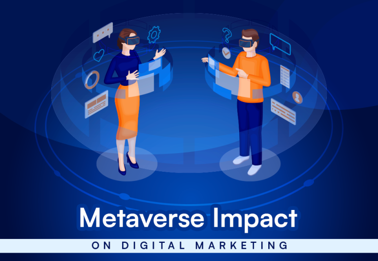 Two people that are in the metaverse, using digital tools to work, and it is written "Metaverse Impact on digital Marketing"