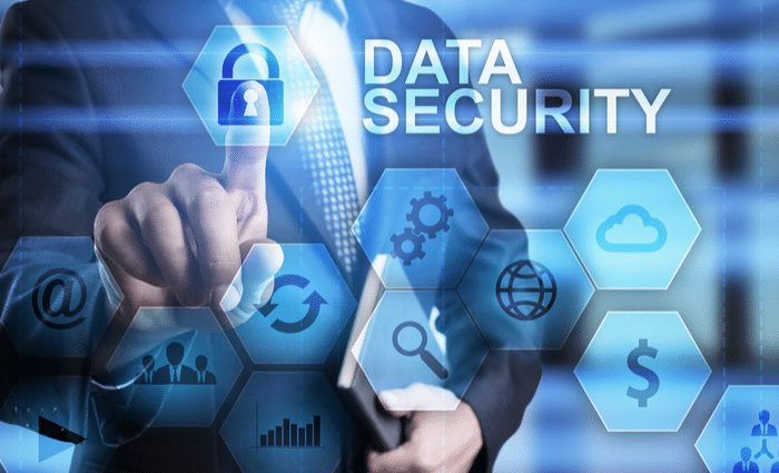 Header of Data Security and icons showing topics like money, cloud technology, email, settings, and graphs.