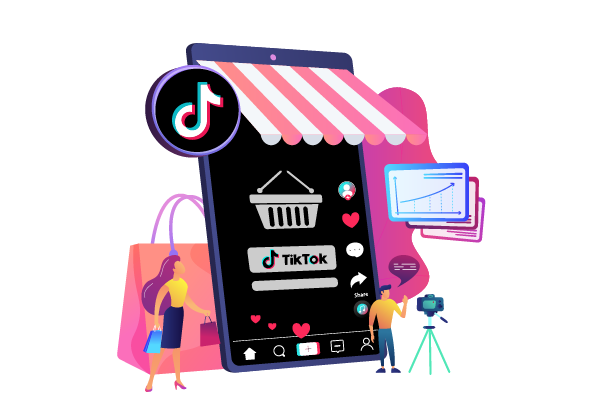Portable en forme de magasin avec TikTok Shop dessus, madame qui magasine et monsieur qui se filme pour Tiktok