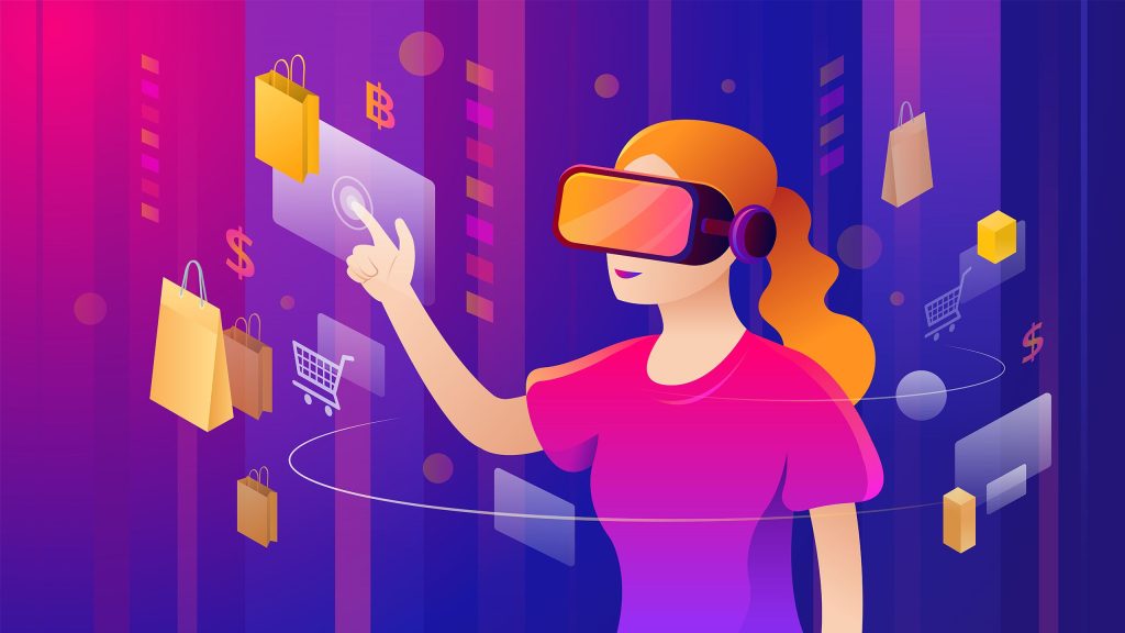 A person with virtual reality headset, immersed in an ilustration of the virtual shopping world.