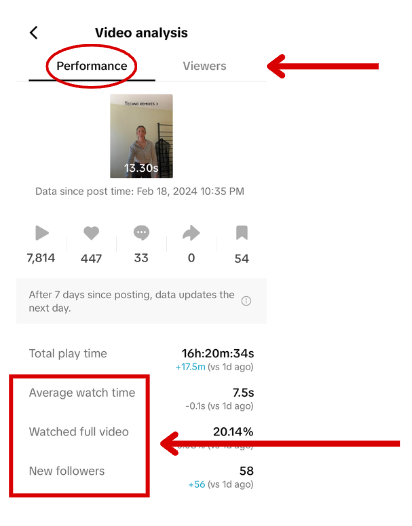 TikTok Analytics - Video Analysis performance tab metrics
