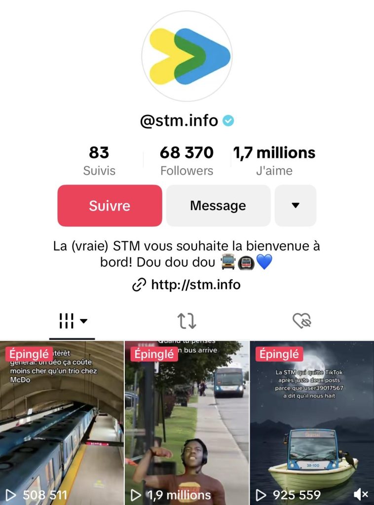 Page TikTok de l'entreprise québécoise de la Société de transport de Montréal @stm.info