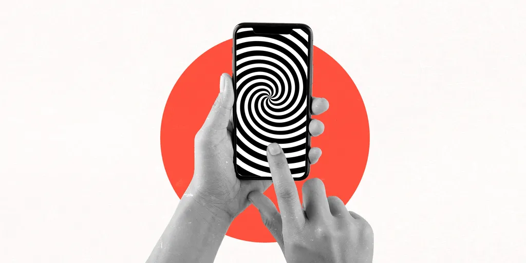 Image d'une personne tenant un téléphone à la main, qui projette un écran hypnotisant.
