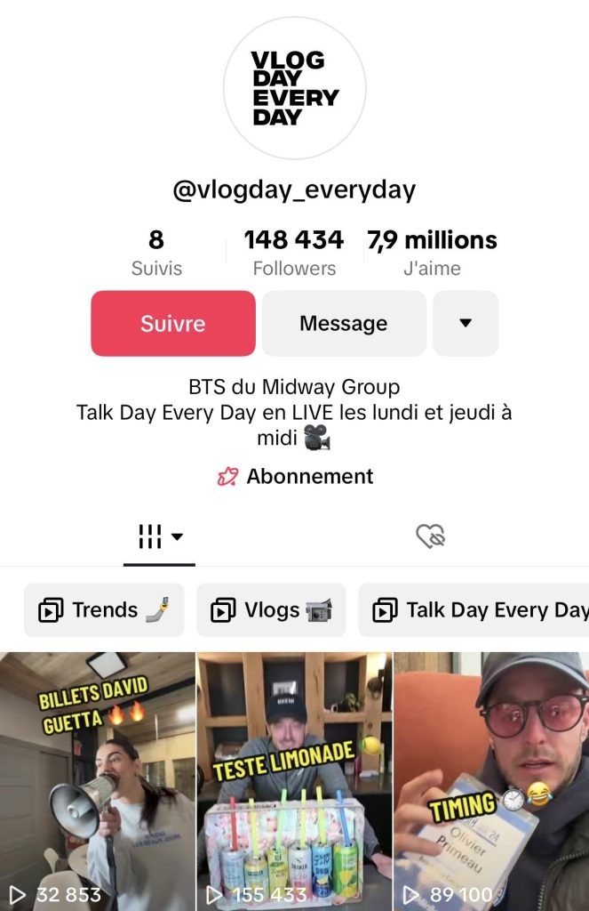 Page TikTok de l'entreprise québécoise du Midway Group @vlogday_everyday