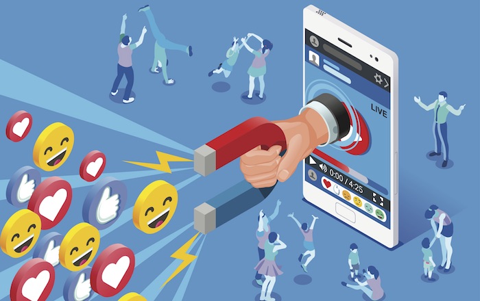 This image shows a powerful magnetic force emitting from a phone, pulling numerous hearts and emoji reactions towards it. This represents how influencers effortlessly attract their loyal followers on social media anytime they endorse a product. Through the deep trust built, their communities are magnetically drawn to anything an influencer promotes.
