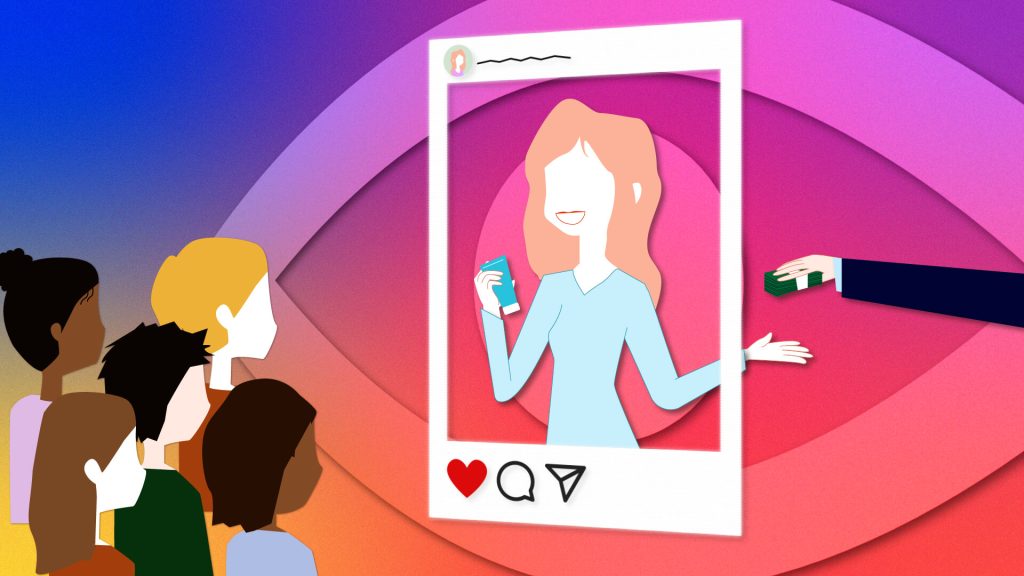 Illustration. Publication sur un réseau social avec une influenceuse qui effectue un partenariat rémunéré, suscitant l'attention d'un groupe de personnes.