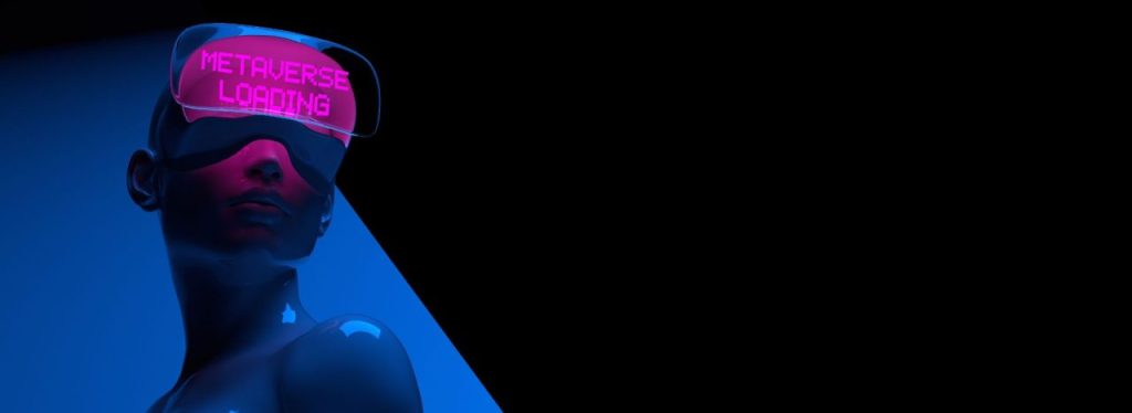 shows a virtual person with a VR headset. On it, is written "Metaverse Loading".