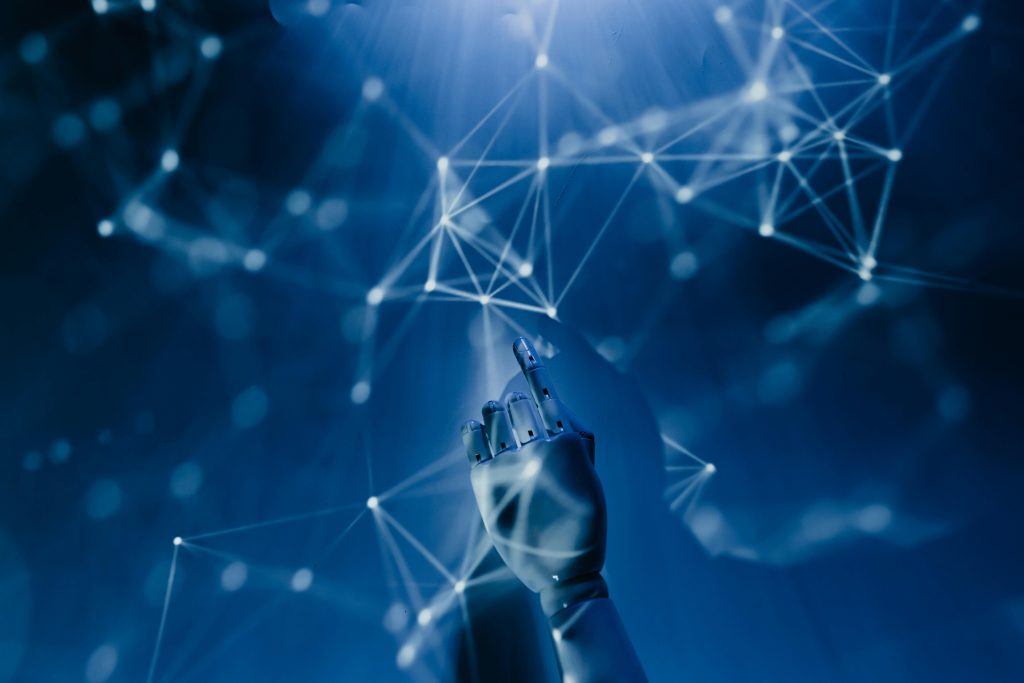 Abstract representation of artificial intelligence on a dark blue background, symbolizing AI's innovation.