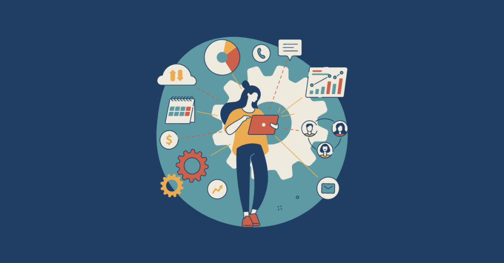 Image d'une femme au centre, entouré de diverses icônes représentant des stratégies marketing.