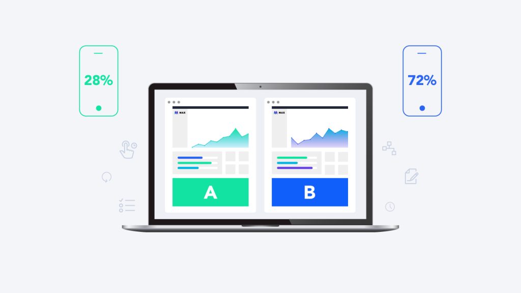 Démonstration du test A/B avec deux pages de contenu différentes qui sont présentées avec les noms respectifs de A et B, l'une ayant un score de 28% et l'autre de 72%