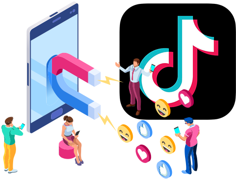 On voit sur l'image le logo de TikTok ainsi que des emojis de pouce, j'aime et bonhomme sourire qui sont attirés vers un téléphone par un aimant. L'image fait référence à l'attraction possible que TikTok peut avoir grâce au marketing