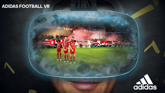 Ad from Adidas of a person wearing virtual reality headset and a picture of football players as an immersive experience for the user.