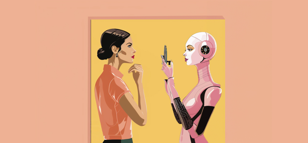 A woman interacting with a virtual influencer