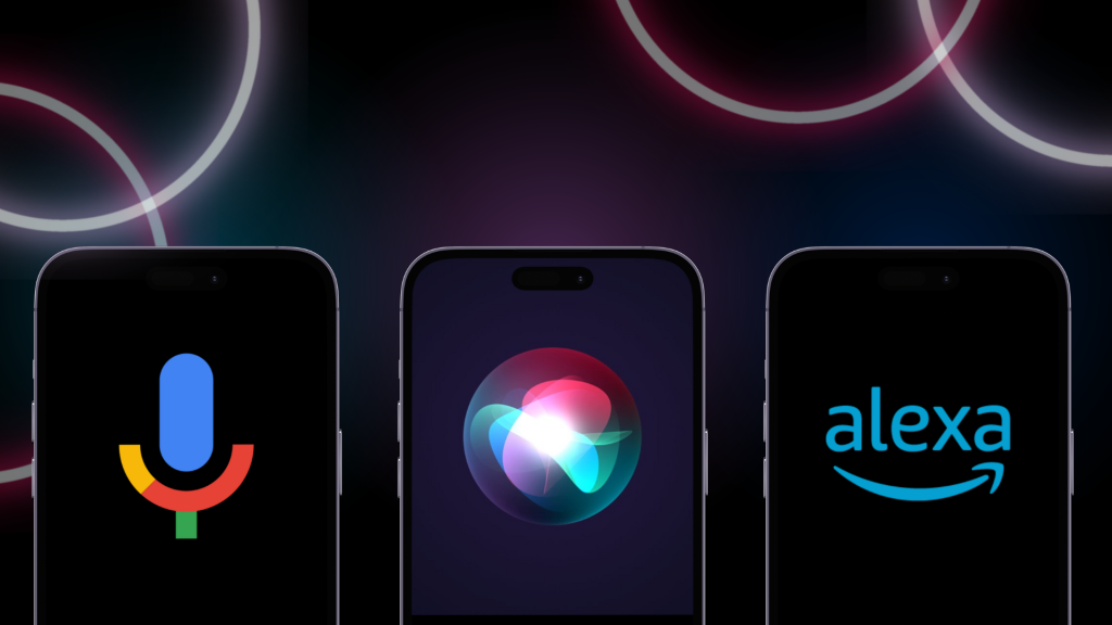 Image de téléphones contenant des logos d'assistants de recherches vocales