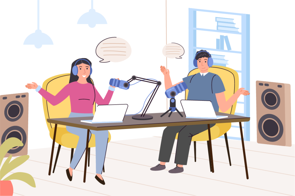 deux personnes assises à une table qui font un podcast 