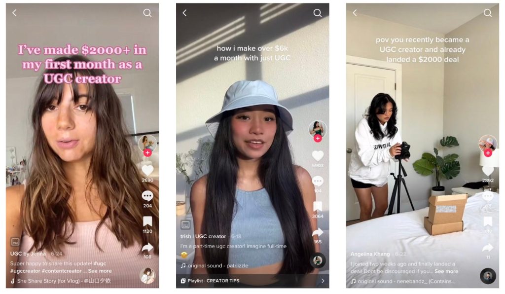 3 exemples de créateurs de contenu UGC sur Tiktok ainsi que la somme d'argent qu'elles gagnent