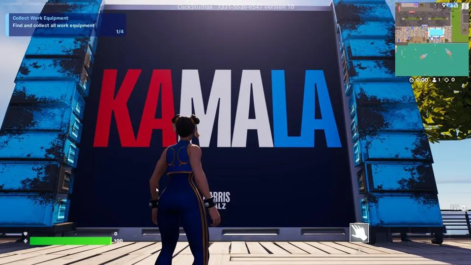 Dans le jeu vidéo "Fortnite", un joueur regarde un écran affichant le mot "Kamala" écrit en rouge, blanc et bleu. 
