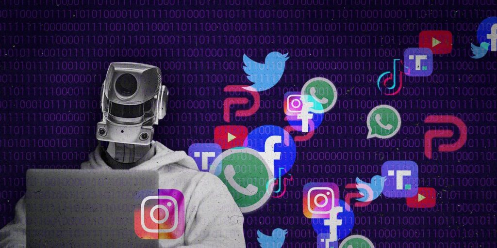 A robot on a laptop surrounded by social media icons, symbolizing Artificial Intelligence's "behind the scenes" influence on digital platforms.  