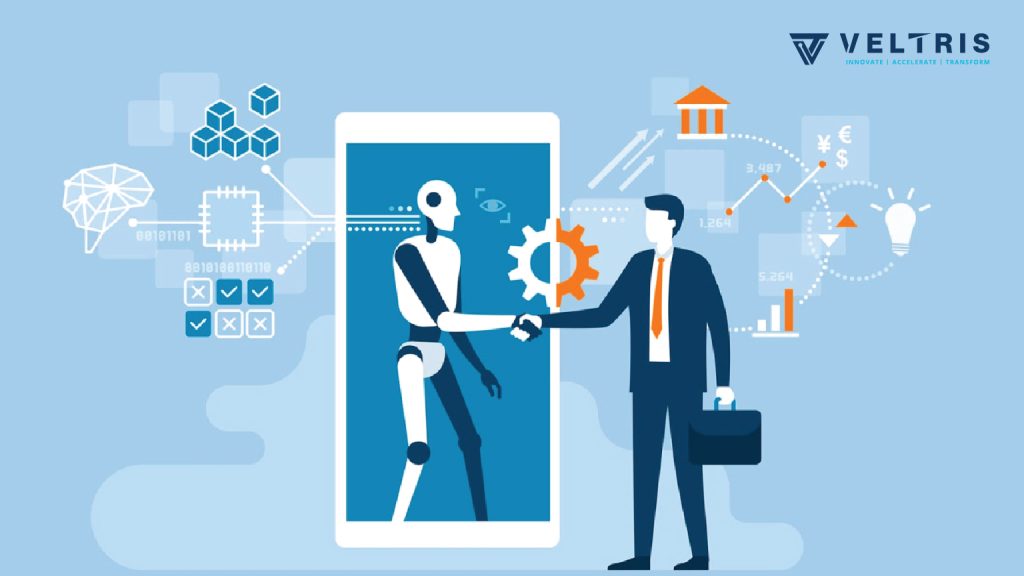 Artificial Intelligence and a person shaking hands, symbolizing collaboration between AI and humans.