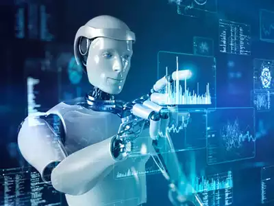 A robot interacting with data screens, displaying AI's role in data collection and decision-making.