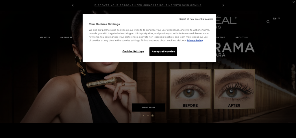 Confidentialité et réglages cookies sur le site officiel de L'Oréal Paris