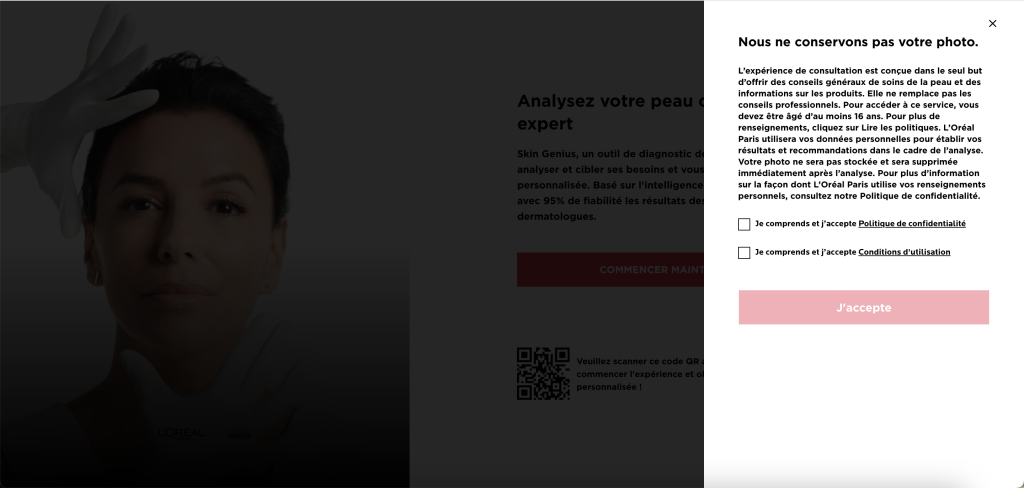 Politique de confidentialité pré-scan Skin Genius sur le site de L'Oréal Paris