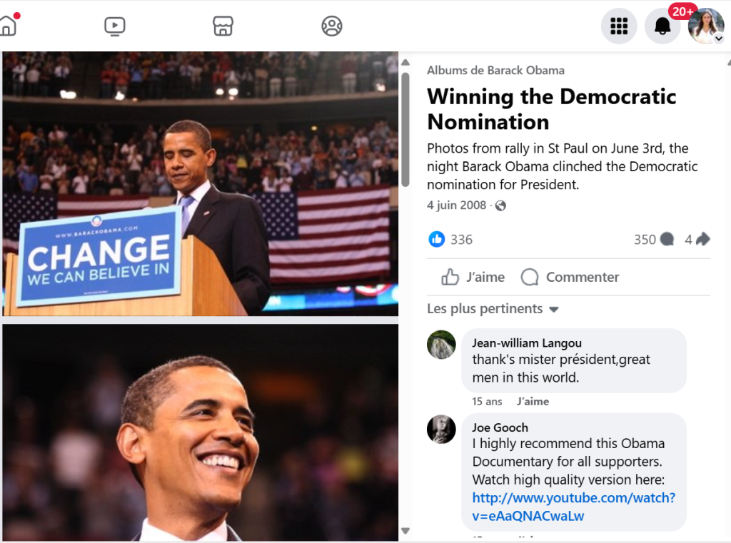 Publication du compte Facebook de Barack Obama qui partage sa victoire au nomination démocratique en 2008.