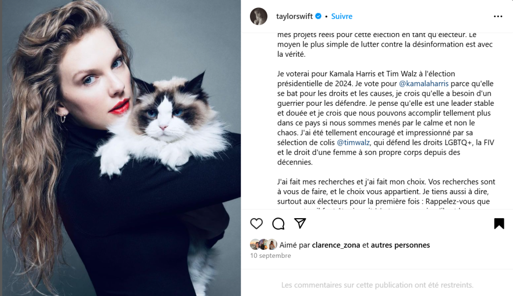 Publication Instagram du compte de Taylor Swift, affichant clairement son intention de voter pour Kamala Harris.